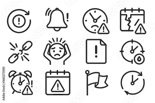 Deadline Icon Set. Line style icons of late and missed deadlines: red overdue icon, missed bell, sad face clock, broken planner,