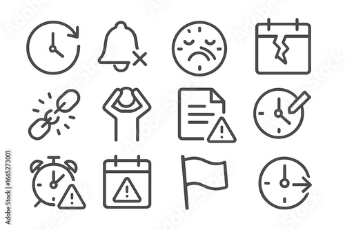 Deadline Icon Set. Line style icons of late and missed deadlines: red overdue icon, missed bell, sad face clock, broken planner,