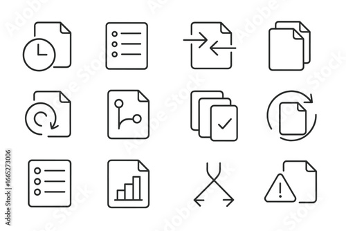 Version Control Icons. Line style icons of version control in cloud: clock icon with file, commit log, compare file icon, previous