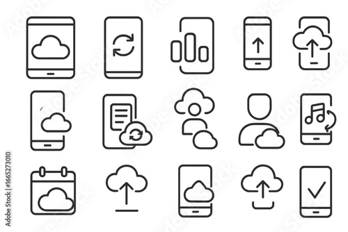Mobile Cloud Sync Icons. Line style icons of mobile device cloud sync: tablet with cloud, phone sync icon, mobile data bar,