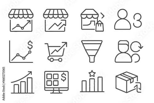 Store Analytics Icons. Line style icons of store analytics: traffic graph, conversion rate icon, bounce rate symbol, visitor count