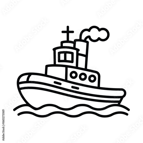 Simple line drawing of a tugboat on wavy water