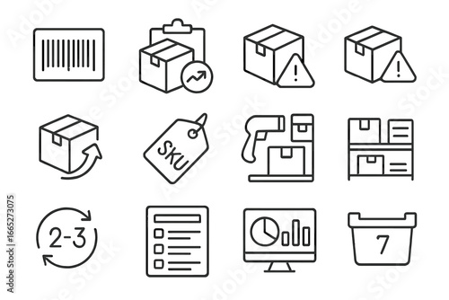 Inventory Line Icons. Line style icons of inventory management: product barcode, stock count, low inventory warning, product
