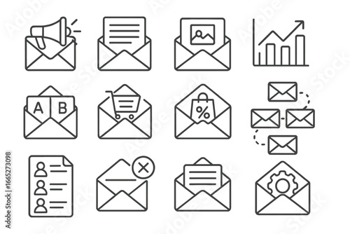 E-commerce Email Icons. Line style icons of e-commerce email marketing: email campaign icon, newsletter icon, product showcase
