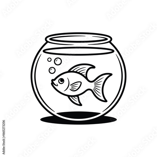 Hand drawn illustration of a single goldfish swimming in a round fishbowl