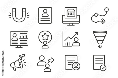 Customer Acquisition Icons. Line style icons of customer acquisition: lead magnet icon, sign-up form, free trial icon, customer