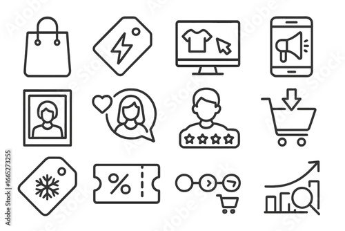 Line Style Marketing Icons. Line style icons of B2C marketing: shopping bag icon, flash sale tag, product recommendation, mobile
