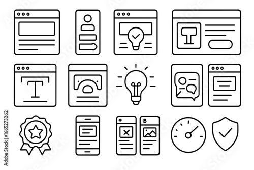 Landing Page Icons. Line style icons of landing page optimization: landing page layout, conversion form, call-to-action button,