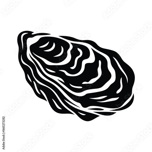 Black and white illustration of a single oyster shell with detailed texture