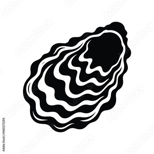 Stylized black and white illustration of an oyster shell