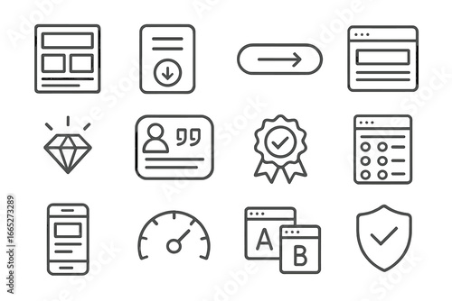 Landing Page Icons. Line style icons of landing page optimization: landing page layout, conversion form, call-to-action button,