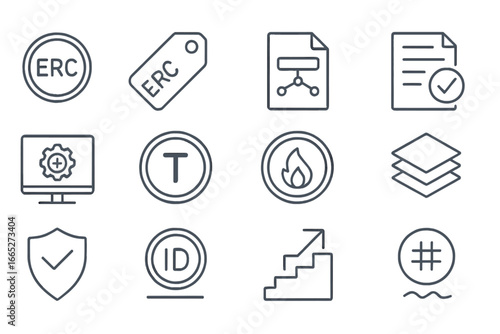Token Standards Icons. Line style icons of token standards: ERC-20 icon, ERC-721 tag, token contract icon, standard document, mint