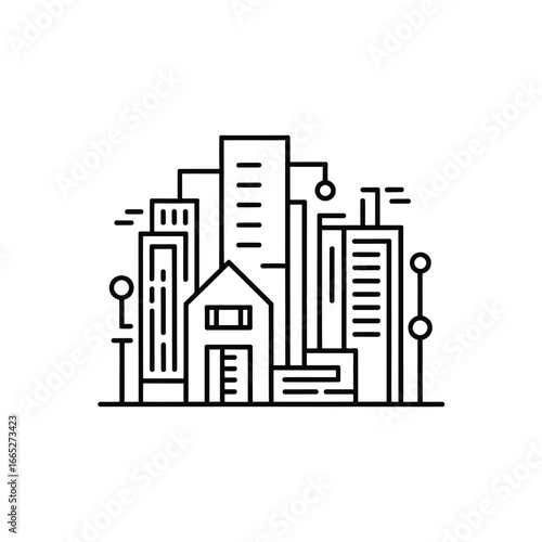 Modern cityscape outline with geometric buildings and abstract elements
