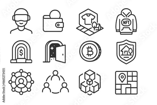 Metaverse Crypto Icons. Line style icons of metaverse and crypto: VR avatar with wallet, metaverse land icon, virtual goods token,