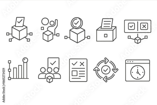 Blockchain Voting Icons. Line style icons of blockchain voting systems: voting ballot icon, DAO vote icon, stake-based voting,