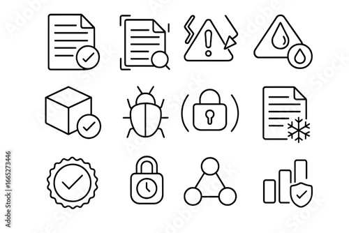 Smart Contract Icons. Line style icons of smart contract security: audit document, contract scan, reentrancy warning, gas