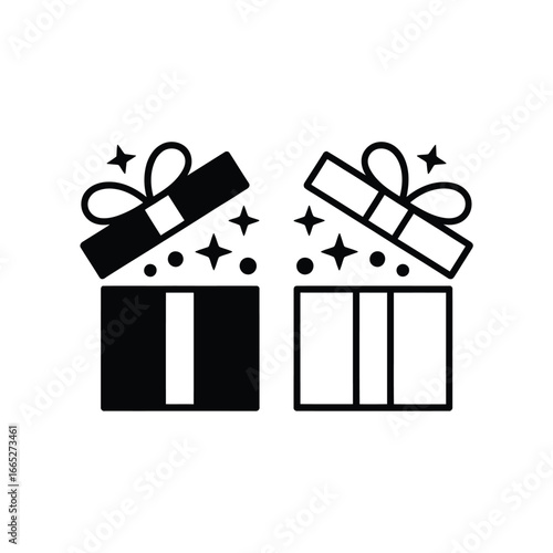 Open gift box icons with sparkles in black and white