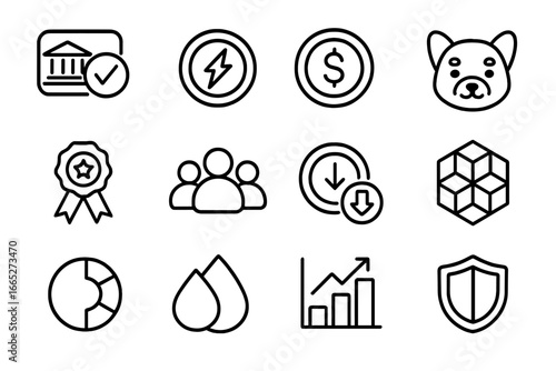Crypto Token Icons. Line style icons of crypto token types: governance token, utility token, stablecoin, meme token, reward token,
