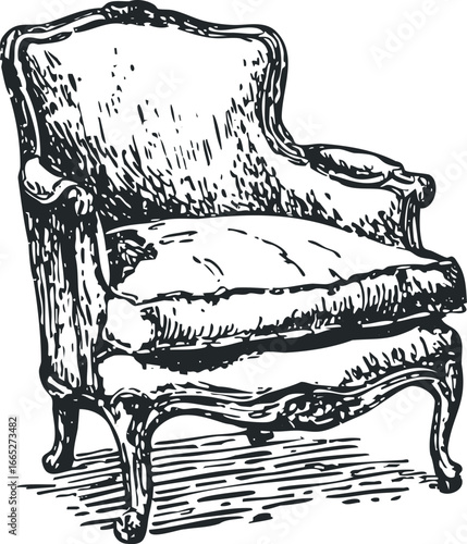 Classic Armchair with Ornate Carved Wooden Legs and Upholstered Seat