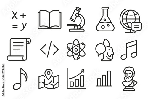 Academic Subjects Icons. Line style icons of academic subjects: math formulas, literature book, biology microscope, chemistry