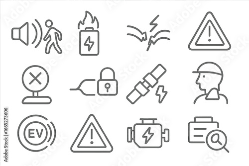 EV Safety System Icons. Line style icons of EV safety systems: pedestrian alert speaker, battery fire icon, insulation alert,