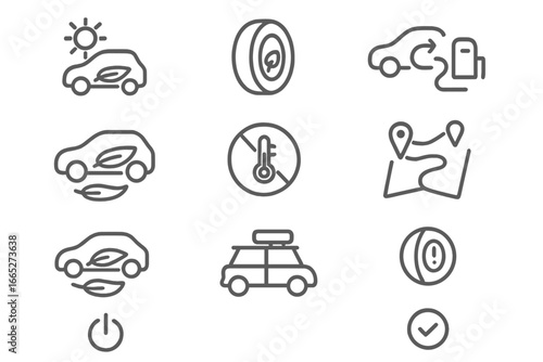 EV Range Extension Icons. Line style icons of EV range extension methods: precondition icon, eco tire icon, regen braking boost,