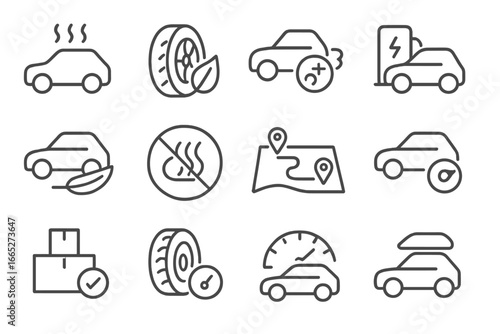 EV Range Extension Icons. Line style icons of EV range extension methods: precondition icon, eco tire icon, regen braking boost,