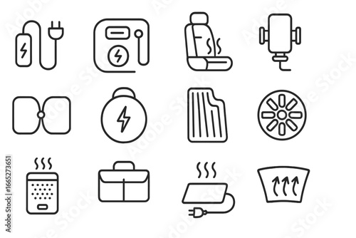 EV Accessories Icons. Line style icons of EV accessories: portable charger, tire inflator, seat heater, phone mount, sunshade icon
