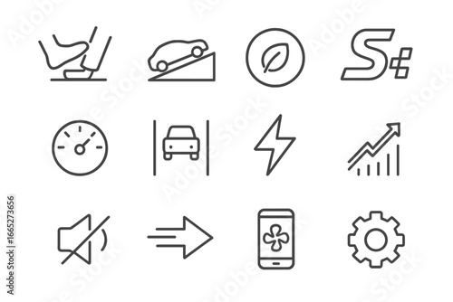 EV Driving Icons. Line style icons of EV driving features: one-pedal driving, hill hold assist, eco mode button, sport mode symbol