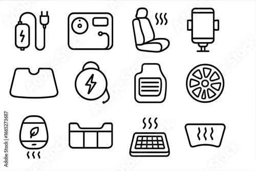 EV Accessories Icons. Line style icons of EV accessories: portable charger, tire inflator, seat heater, phone mount, sunshade icon