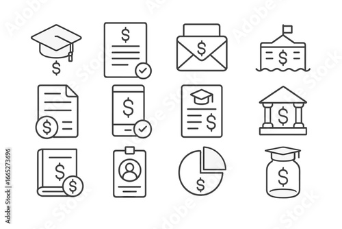 Education Funding Icons. Line style icons of paying for higher education: scholarship award icon, FAFSA form icon, financial aid