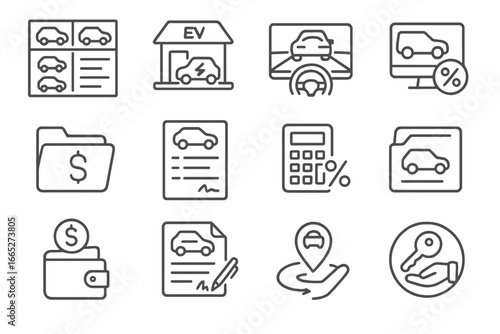 EV Purchase Journey Icons. Line style icons of EV purchasing journey: model comparison chart, EV dealer icon, virtual test drive,