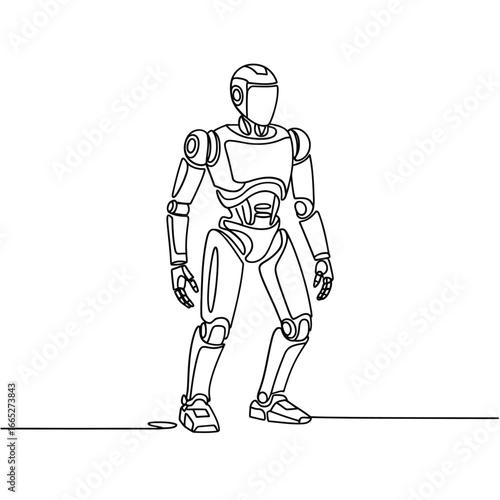 Futuristic humanoid robot standing on a line in a minimalist line drawing style