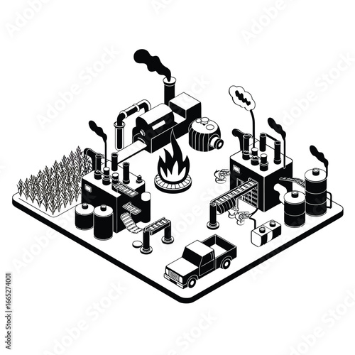 Isometric illustration of a biofuel refinery processing corn into fuel