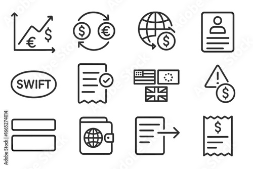 Currency Exchange Icons. Line style icons of currency exchange and transfers: exchange rate graph, currency converter icon, global