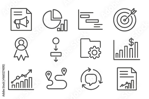 Marketing Campaign Icons. Line style icons of marketing campaign planning: campaign brief document, channel mix chart, timeline