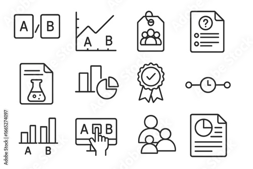 A_B Testing Icons. Line style icons of A/B testing and experiments: variation A vs B icon, split test graph, control group tag,