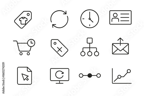 Remarketing Journey Icons. Line style icons of digital remarketing journeys: revisit product tag, retargeting loop icon, time