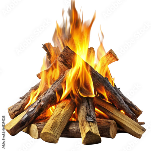 Burning Campfire with Flames on Transparent Background Featuring Logs and Firewood Detail