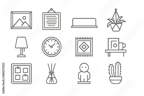 Office Decor Icons. Line style icons of office decor and details: framed art print, motivational quote board, nameplate tag,