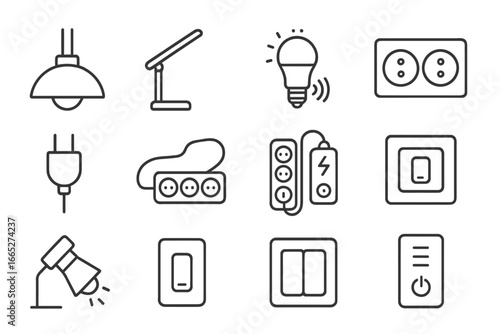 Office Lighting Icons. Line style icons of office lighting and power: ceiling light fixture, LED desk lamp, motion sensor bulb,