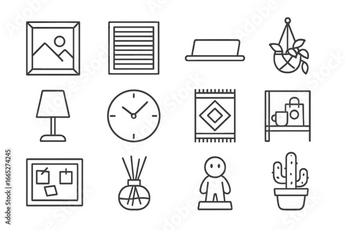 Office Decor Icons. Line style icons of office decor and details: framed art print, motivational quote board, nameplate tag,