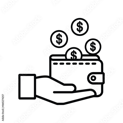 Hand holding a wallet with coins falling into it symbolizing income and savings