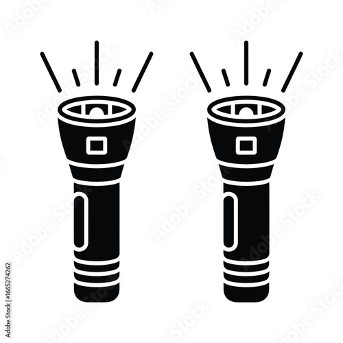 Two black flashlight icons with light beams emanating upwards