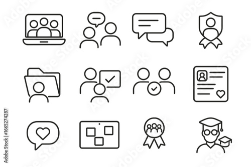 Online Learning Icons. Line style icons of online learning communities: virtual study group, peer message icon, forum thread