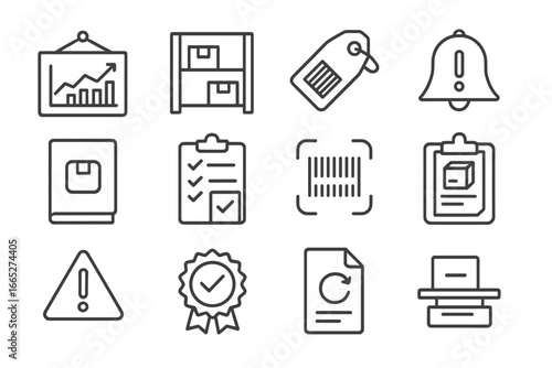 Inventory Icons. Line style icons of inventory management: stock level chart, warehouse bin location, SKU barcode tag, reorder