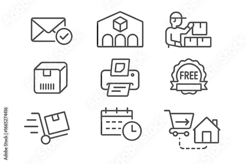 E-Commerce Delivery Icons. Line style icons of e-commerce delivery: order confirmation email, fulfillment center icon, pick and