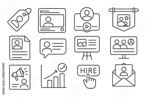 Recruitment Marketing Icons. Line style icons of recruitment marketing: employer branding tag, social job post icon, recruitment