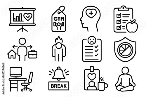 Employee Wellness Icons. Line style icons of employee wellness: wellness program chart, gym membership tag, mental health support