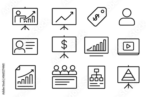 Investor Pitch Icons. Line style icons of pitch and investor deck: pitch presentation board, traction graph icon, value